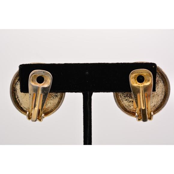 Vintage Clip On Earrings Round Iridescent Pearl Gold Chunky Heavy 1980s BinAE - Picture 10 of 12